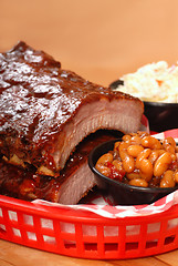 Image showing BBQ Ribs with beans and cole slaw