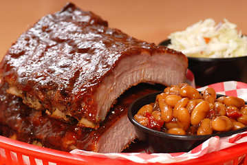 Image showing BBQ Ribs with beans and cole slaw