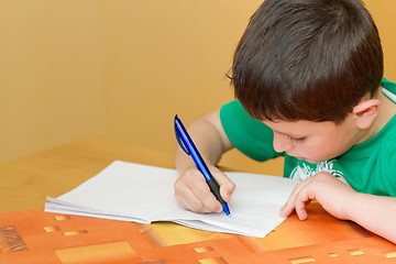 Image showing school boy writting homework in workbook