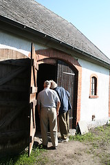 Image showing Two men watching inside of cowhouse