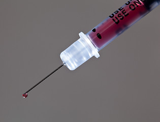 Image showing Close up of drop of blood on needle