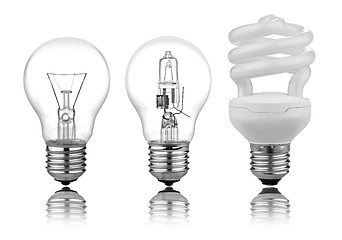 Image showing three kinds of light bulbs with Reflection Isolated on White Bac