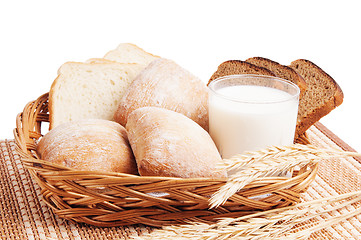 Image showing   Bread, rolls and a glass of milk