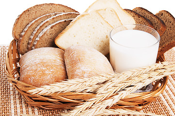 Image showing   Bread, rolls and a glass of milk