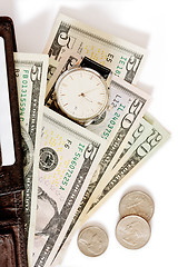 Image showing Wallet with money and watch on white background.