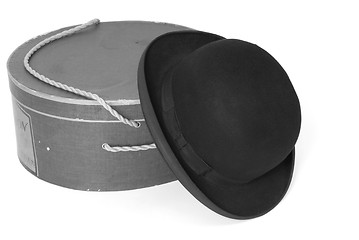 Image showing Old derby hat with hat box in black & white