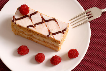 Image showing Pastry cream Napoleon with raspberries