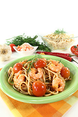 Image showing spaghetti with shrimp and dill