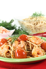Image showing spaghetti with fresh shrimp