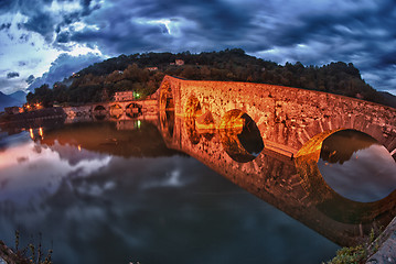 Image showing Devils Bridge at Night in Lucca, Italy