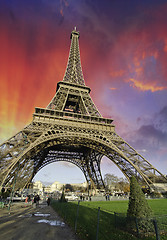 Image showing Sunset over Eiffel Tower from Champs de Mars