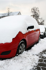 Image showing red car in the winter on the road