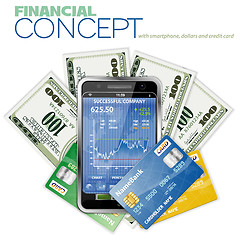 Image showing Financial Concept with Touchphone, Dollar Bills and Credit Cards