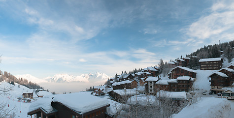 Image showing Morning Panorama from La Plagne 1800 (France) and the Mont-Blanc