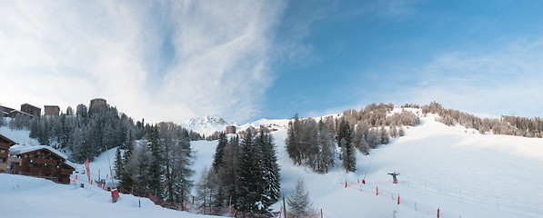 Image showing Morning Panorama of La Plagne 1800 (France) Mountains