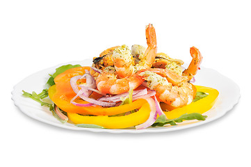 Image showing Salad with shrimp, mussels, bell peppers and onions.