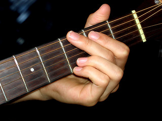 Image showing Hand taking a chord on a guitar (G major)