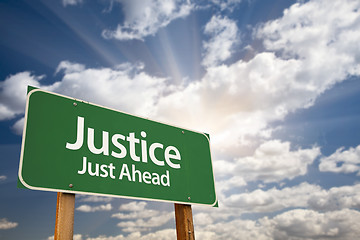 Image showing Justice Just Ahead Green Road Sign and Clouds