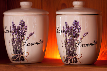 Image showing Lavender flowers in a ceramic jar