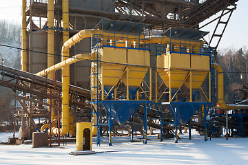 Image showing Stone quarry with silos, conveyor belts in winter