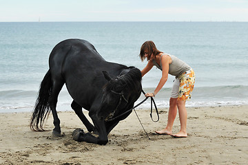 Image showing girl and  horse on the beach