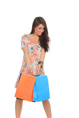 Image showing Portrait of stunning young woman carrying shopping bags