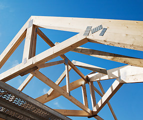 Image showing Wooden rafters against the blue sky