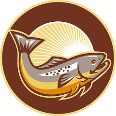 Image showing Trout Fish Jumping Sunburst Circle