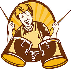 Image showing Granny Playing The Drums Retro Woodcut