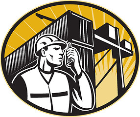 Image showing Dock Worker Talking Phone Container Crane