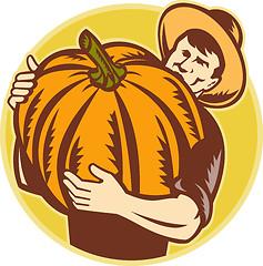 Image showing Organic Farmer With Giant Pumpkin