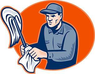 Image showing Janitor Cleaner With Mop Wiping Retro