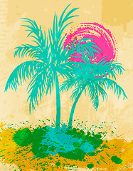 Image showing Palm trees and sea shore, grunge background