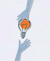 Image showing illustration of idea bulb. Transfer of ideas from hand to hand.