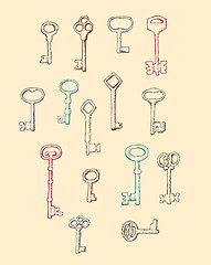 Image showing Set of drawn by hand Antique Keys