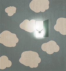 Image showing Abstract concept poster. Dove flies through the door in the sky.