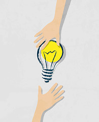 Image showing illustration of idea bulb. Transfer of ideas from hand to hand.