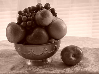 Image showing Fruit Bowl and Water Goblets Sepia