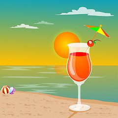 Image showing leisures at beach - drink, beach ball, view of sun