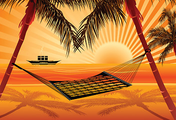 Image showing silhouette view of sea and hammock,ship