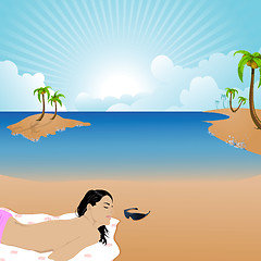 Image showing woman having sunbath at a beach, shades, coconut trees