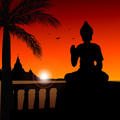 Image showing statue of buddha with temple at the background