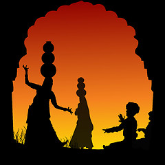 Image showing silhouette view of people performing folk dance and music, india