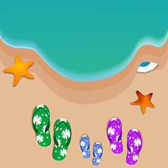 Image showing travel, view of beach, starfish, shells, slippers