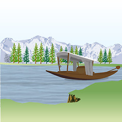 Image showing landscape view of boat with lake and mountains