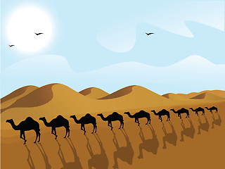 Image showing silhouette view of row of camels in a desert