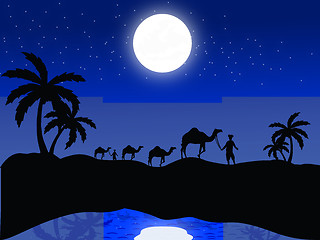 Image showing silhouette view of camels and human in moonlight