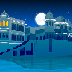 Image showing view of palace on full moon, lake side