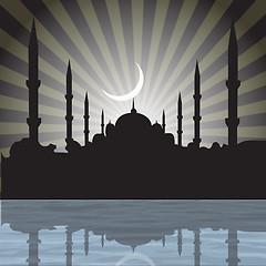 Image showing silhouette of a mosque with rays, moon background