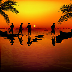 Image showing silhouette view of fishermen using nets for fishing